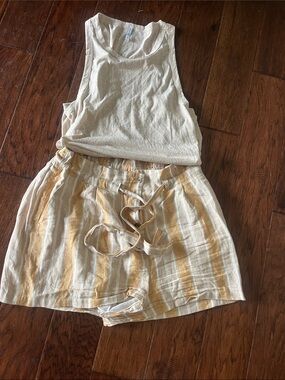 Lightweight Cream Tank with Yellow Striped Drawstring Shorts